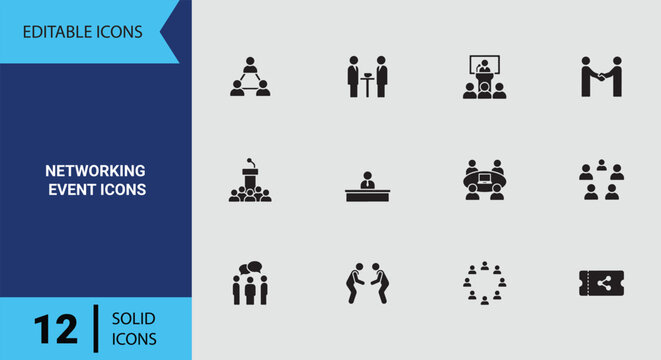 Networking Events and Meetups Icon Set for Business Conferences Seminars and Professional Gathering Graphics