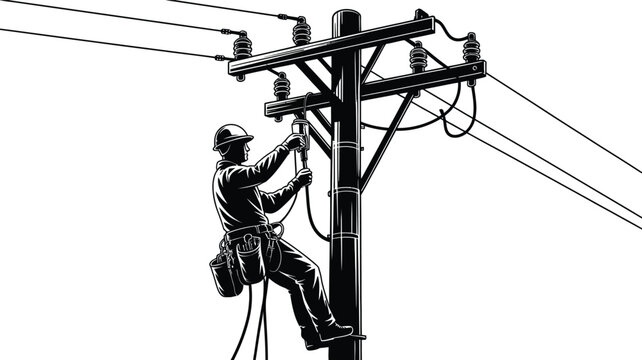 Detailed black silhouette of an electrician working on a wooden utility pole, repairing electrical power lines, wearing a hard hat and tool belt, isolated on white
