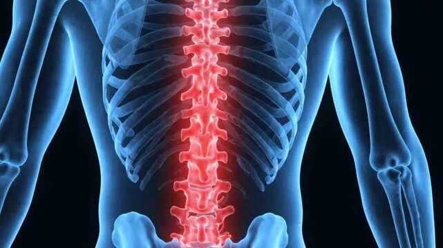 3d medical illustration highlighting the human spine and vertebrae in red against a blue translucent skeletal background