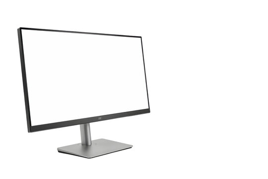 Slim desktop computer monitor with a blank white screen and a silver metallic stand isolated on a transparent background