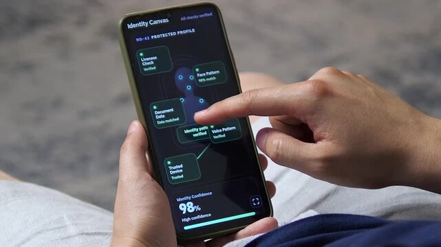 User reviews a digital identity profile verified through liveness, face, document and device checks, highlighting stronger authentication and fraud-resistant online access.