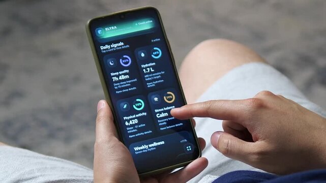 User completes a mobile wellness check-in, then reviews sleep, hydration, activity and stress insights, capturing the rise of personalized digital self-care and everyday health tracking.