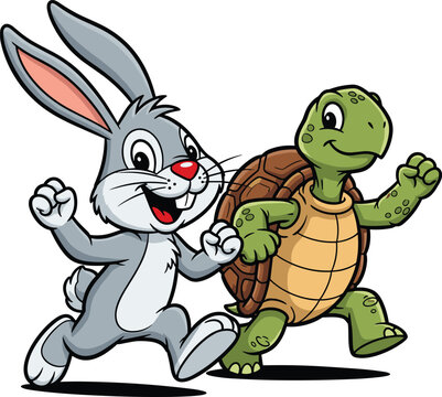 Cartoon rabbit and turtle running side by side&mdash;playful vector illustration referencing classic fable, perfect for kids&rsquo; content, storytelling, or motivational designs