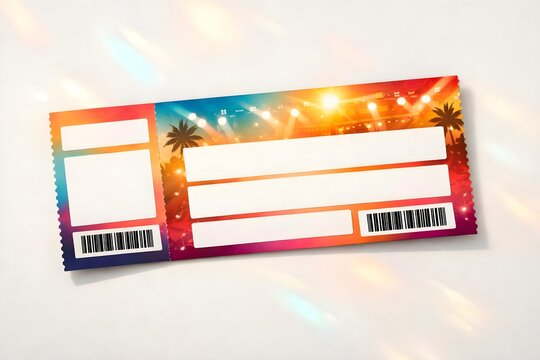 colorful music festival ticket with tropical sunset design, palm trees and blank space