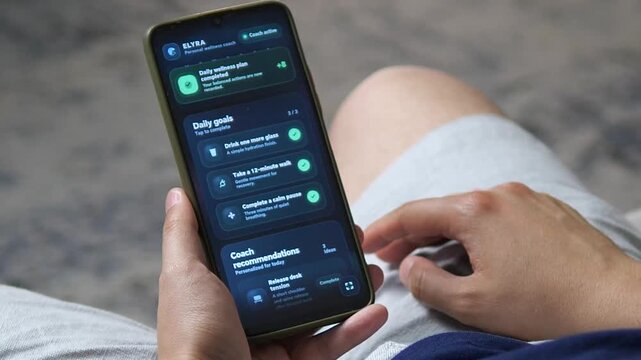 Person checks a mobile wellness coach as daily balance improves, reflecting rising demand for guided self-care, habit tracking and personalized health routines.
