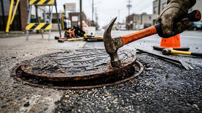 Worker using a hammer to pry open a heavy metal manhole cover on a city street.