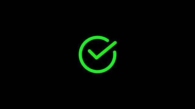 Green check mark animation. Yes tick. Correct check mark symbol.Correct vote icon on black background. Animated green tick concept.
