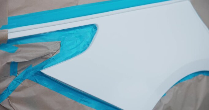 Car fender masked for painting inside spray booth during preparation.