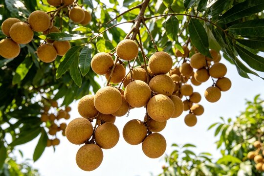 Longan fruit clusters hanging from tree against bright sky