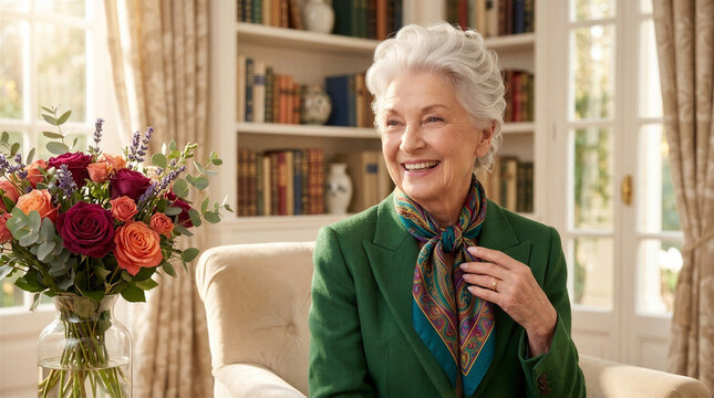 An elderly woman wearing a classic silk scarf with a paisley pattern smiles as she sits in a cozy living room filled with flowers
