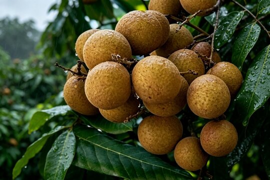 Wet ripe longan fruits with water droplets on tree branch