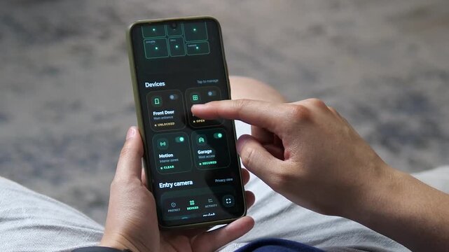 User monitors a smart home security dashboard on a smartphone, tracking protection score, zones and devices as connected living and mobile control redefine everyday home safety.