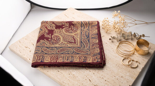 Classic paisley silk scarf on a textured surface with accessories  