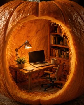 Cozy miniature home office desk setup with a laptop and warm lamp carved inside a hollowed autumn pumpkin