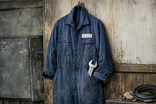 A blue coverall hangs on a wooden wall