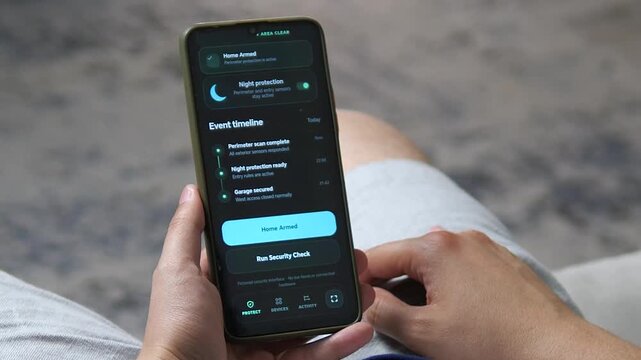 Person arms a smart home security system on a smartphone, highlighting night protection, perimeter monitoring and the rise of connected residential safety.