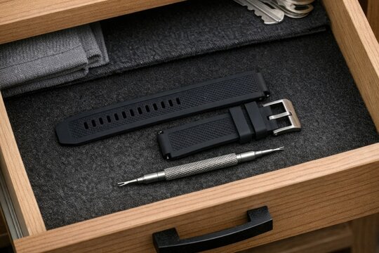 A wooden drawer filled with a watch and various tools