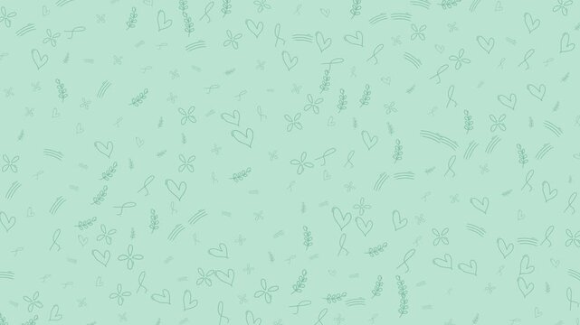 A delightful and subtle background featuring a repeating pattern of hand-drawn hearts, flowers, and delicate line elements on a soft pastel mint green canvas.