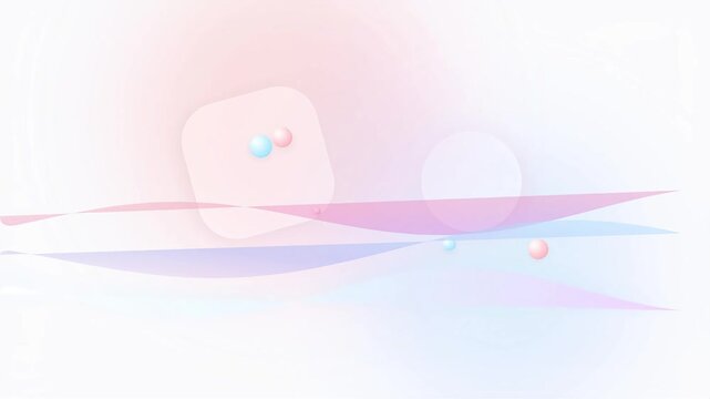 Minimalist abstract digital background with soft pastel gradients, flowing waves, and floating spheres in light pink and blue tones
