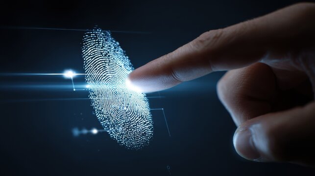 Finger touching a digital fingerprint scanner on a dark background