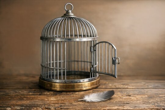 A bird is confined in a cage while a single feather lies on the adjacent table