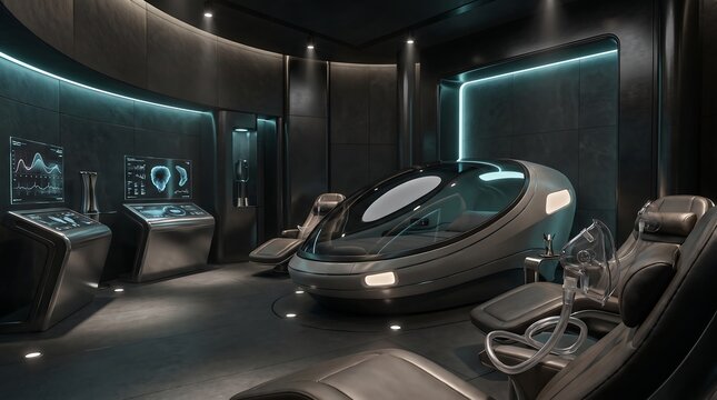 Dark, sleek cryo-treatment room with futuristic pods and glowing cyan accents creating an advanced and immersive medical environment.