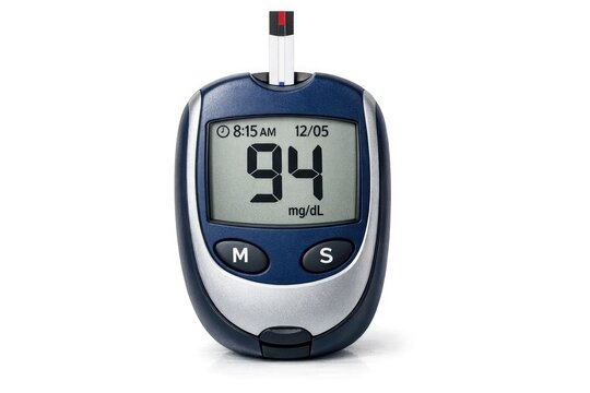 A close-up shot of a digital device on a white background, suitable for technology and electronics related uses glucometer. Blood sugar measurement.