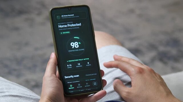 Smartphone runs a smart home security scan and confirms all areas protected, highlighting real-time monitoring, connected sensors and automated residential safety.