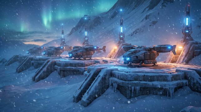Futuristic arctic base with advanced aircraft on snowy launchpads under a vibrant aurora borealis sky at twilight.
