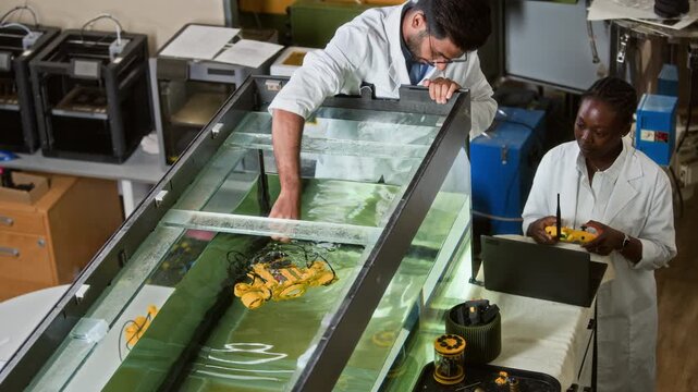 Young adult Indian male engineer and young adult African American female scientist testing underwater robotic vehicle in water tank. Footage is ideal for robotics education and technology promos