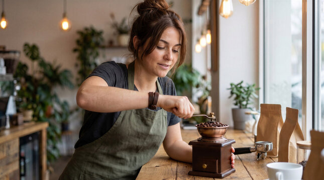 Young woman grinding coffee beans in a cozy caf&eacute; setting  