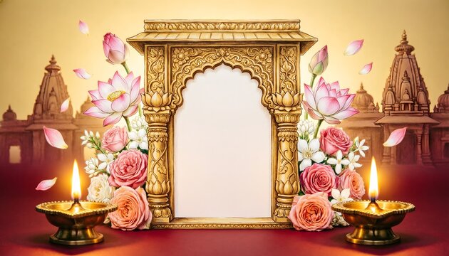 Ornate golden archway frame decorated with delicate pink lotus flowers and vibrant roses stands elegantly between two glowing brass oil lamps against a soft warm background