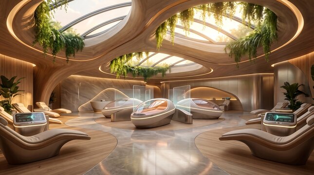 Futuristic wellness center designed with natural elements and advanced technology for a serene and rejuvenating experience offering cryogenic treatments.