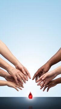 Hands reaching toward a red blood drop for world blood donor day awareness banner and solidarity background for charity campaigns. Copy space