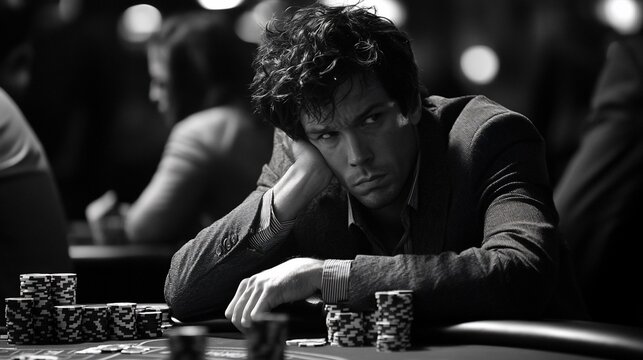 A man sits at a poker table with his head in his hand, looking frustrated.