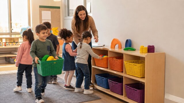 Teacher supervising children sorting toys in a bright classroom