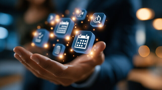 Hand holding a glowing digital interface displaying calendar and scheduling icons, close up hand only composition, bright modern office background, soft daylight, workforce schedul