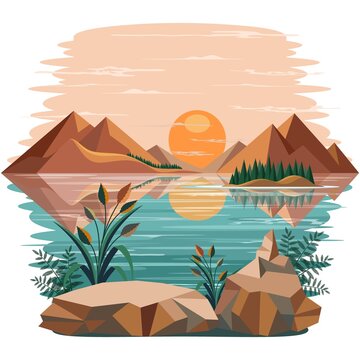 Mountain lake at sunset with sun reflection on water and rocks Peaceful and Serene Landscape illustration 
