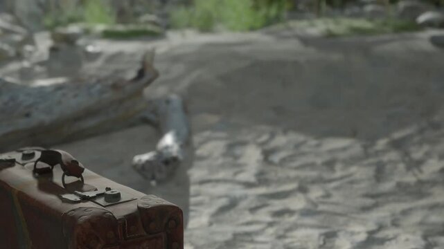 A worn suitcase sits on the sandy ground in a deserted location under clear sunlight. The scene shows hints of past travels and stories waiting to be told.