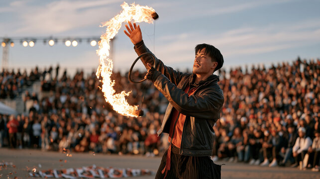 Circus fire juggler frozen mid performance before a massive urban crowd, confetti still airborne above scattered programs on pavement, the aftermath of a breathtaking act visible