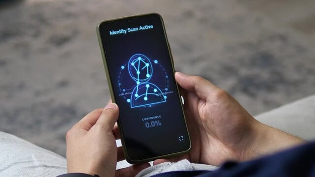 Mobile identity scan verifies facial patterns and trusted device data, highlighting biometric authentication, secure access and growing demand for digital identity protection.