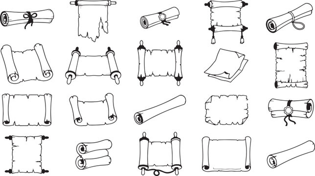 Doodle set of vintage scrolls and old paper, hand drawn vector icons, outline illustration for education and history concept.