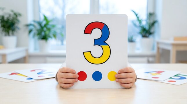 Child hands holding colorful number flashcard with dot pattern for Montessori math learning and autism ADHD number recognition therapy