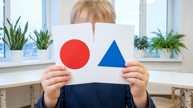 Child hands comparing two colorful shape flashcards for Montessori shape recognition and autism ADHD visual learning therapy in modern classroom