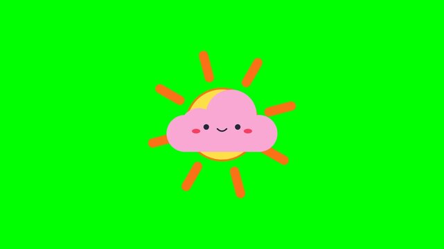 Cute smiling pink cloud and sun illustration on green screen