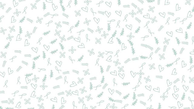 A seamless pattern featuring a collection of delicate, hand-drawn doodles including hearts, flowers, leaves, and abstract strokes. This light and whimsical design is perfect for backgrounds and