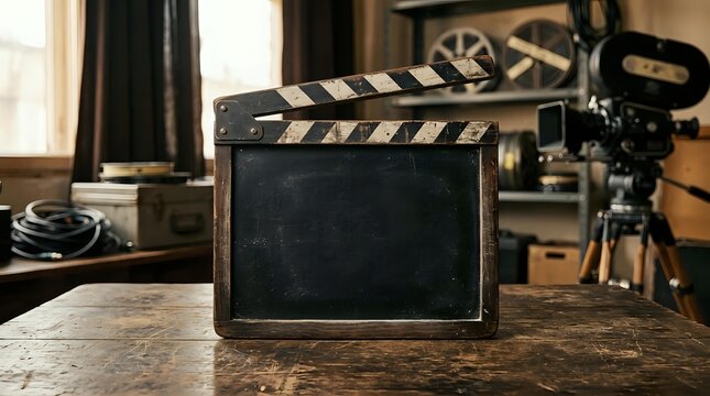 Vintage film clapperboard on wooden table with professional movie