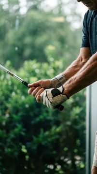Close up male hands gripping golf club with glove for international golf day training background