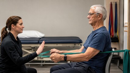 Fototapeta premium Senior man doing resistance band exercise with therapist guidance