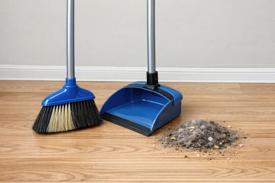 A set of cleaning tools including two brooms and a dustpan on a wooden floor
